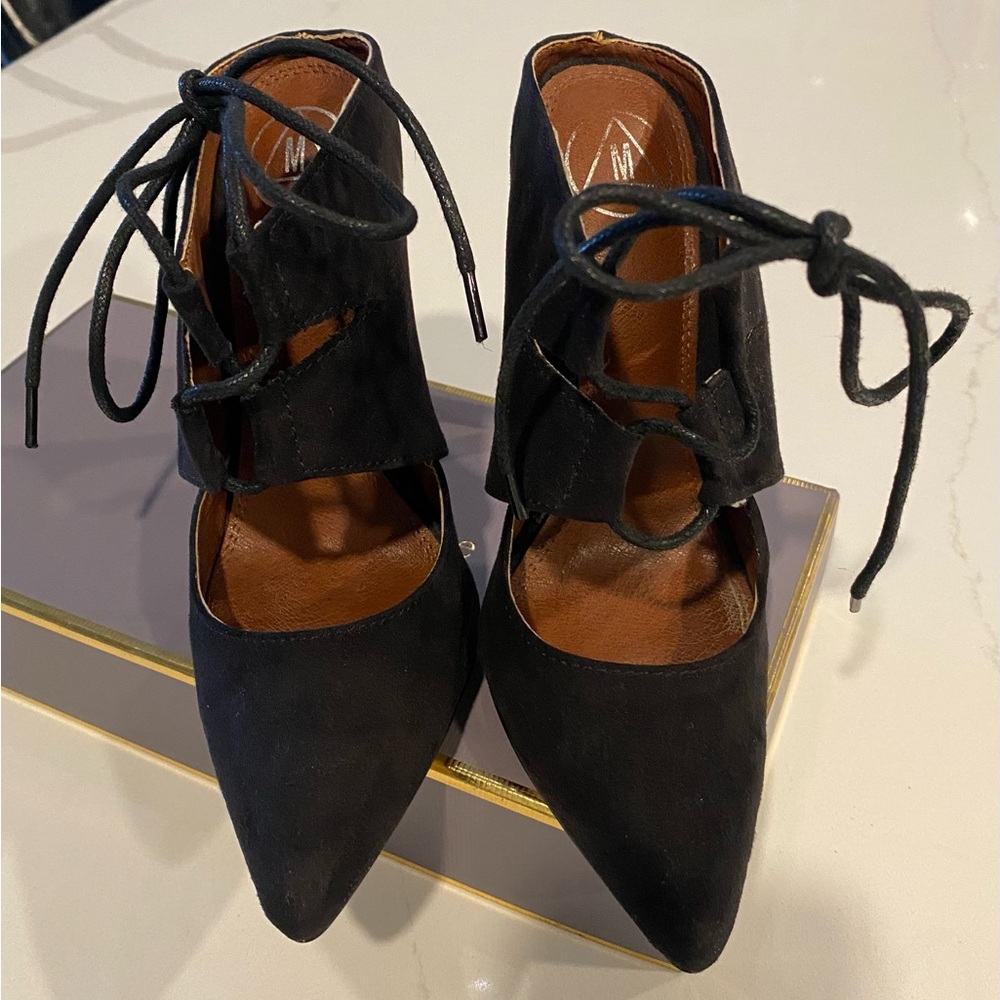 Women’s black Suede, Lace up Mules, 4.5” heels